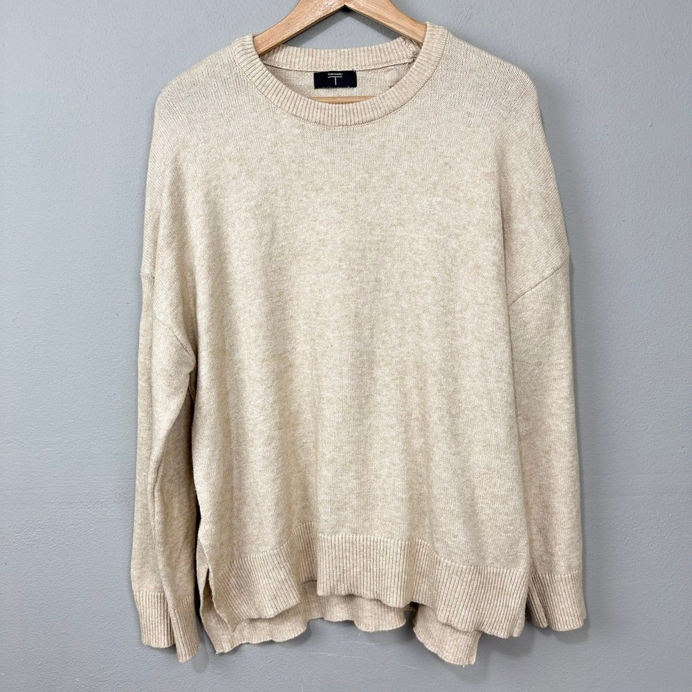 Tahari Sweater Women XL Oatmeal Beige Crewneck Oversized Side Slit Knit Pullover